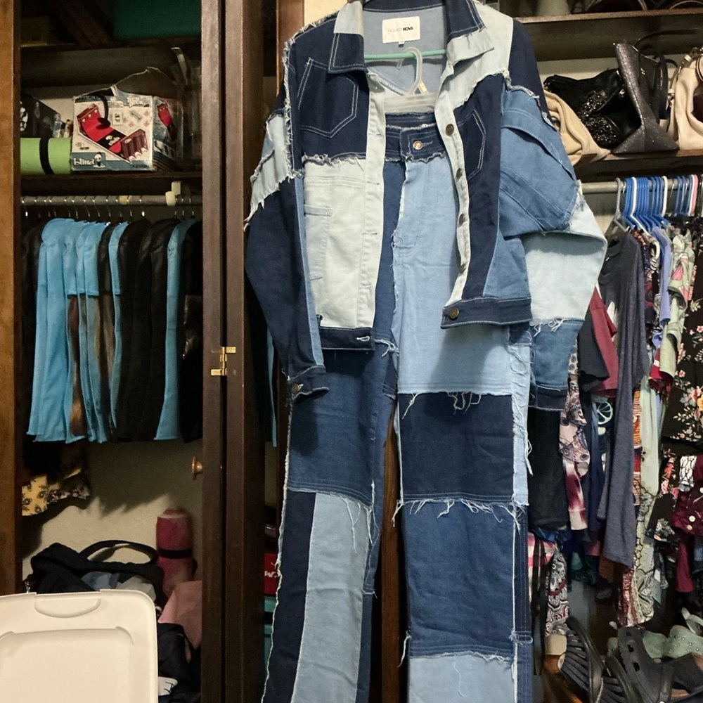 Fashion Nova Blue Distressed Denim Jeans and jacket set